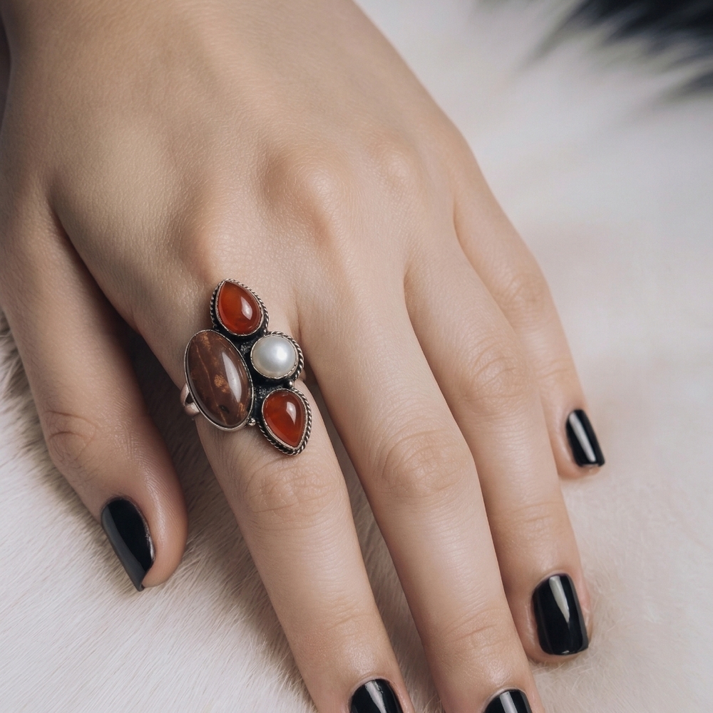 925 Signed Multi Stone Statement Ring Size 8 Red … - image 4